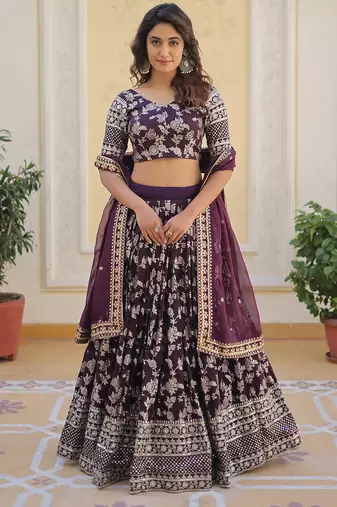 Gorgeous Wine embroidery with sequin and zari Dola Silk Jacquard indian designer wedding and party lehenga