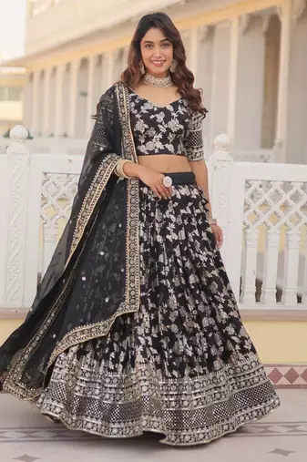 Black sequin and zari embroidered Dola Silk Jacquard lehenga choli