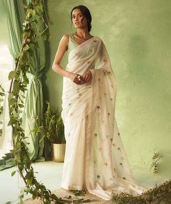 White hand embroidery chanderi saree 1