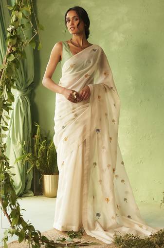 White hand embroidery chanderi saree