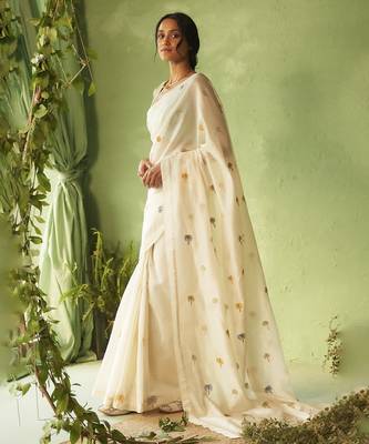 White hand embroidery chanderi saree 2