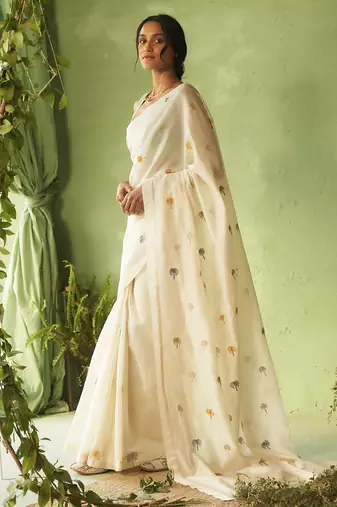 White hand embroidery chanderi saree