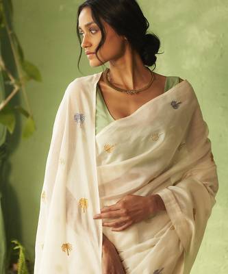 White hand embroidery chanderi saree 3