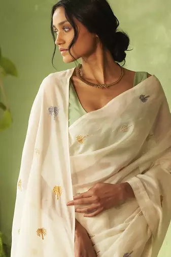 White hand embroidery chanderi saree