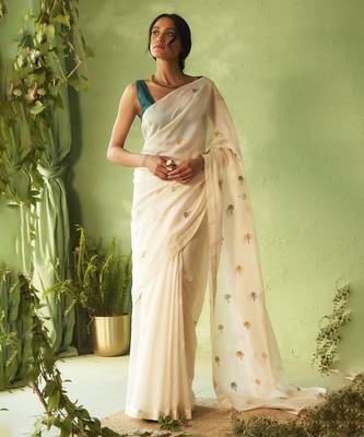 White hand embroidery chanderi saree 1
