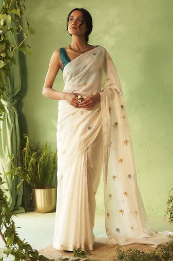 White hand embroidery chanderi saree