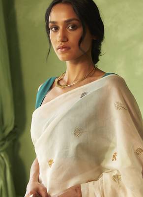 White hand embroidery chanderi saree 3