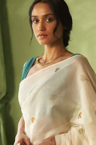 White hand embroidery chanderi saree