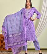 Blue cotton kurti with pant and matching dupatta sets