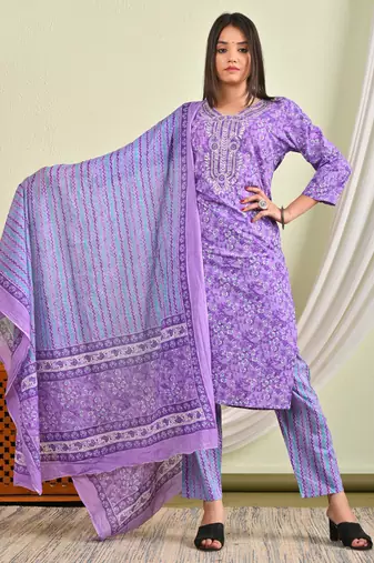 Blue cotton kurti with pant and matching dupatta sets