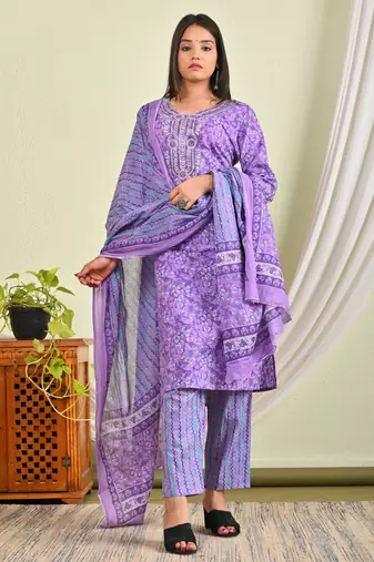 Blue cotton kurti with pant and matching dupatta sets