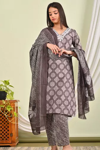 Cotton kurti with pant and matching dupatta sets