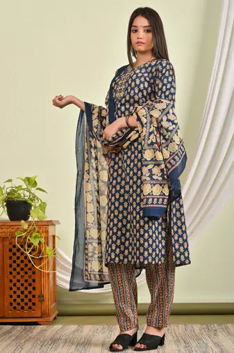 Cotton kurti with pant and matching dupatta sets