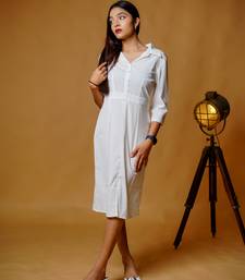 White crepe lycra plain fit and flare shirt dress western