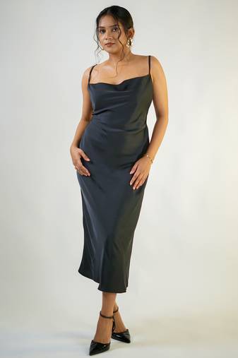 Black zara satin plain satin cowl neck dress western