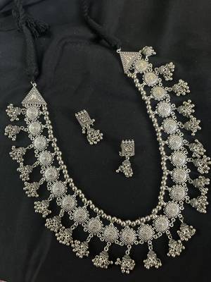 Handmade silver plated indian long ghungroo jhumka necklace set for women 4