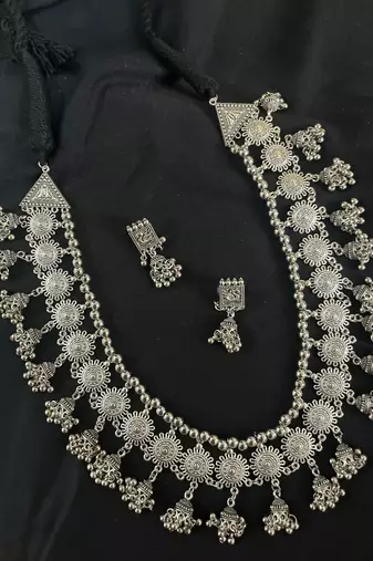 Handmade silver plated indian long ghungroo jhumka necklace set for women
