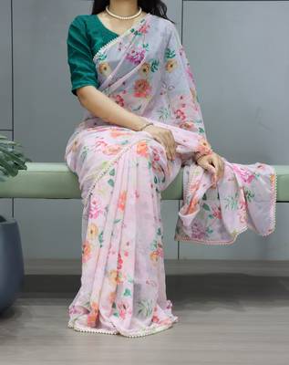 Off-white floral printed weightless saree with unstitched blouse 1