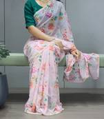 Off-white floral printed weightless saree with unstitched blouse