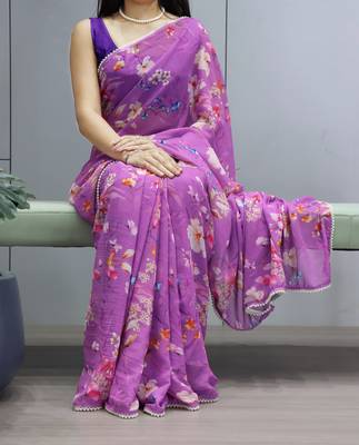 Purple floral printed weightless saree with unstitched blouse 1