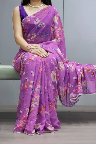 Purple floral printed weightless saree with unstitched blouse