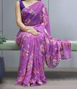 Purple floral printed weightless saree with unstitched blouse