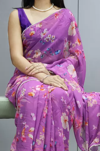 Purple floral printed weightless saree with unstitched blouse