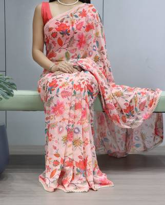 Peach floral printed weightless saree with unstitched blouse 1