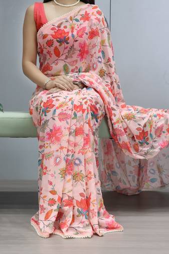 Peach floral printed weightless saree with unstitched blouse