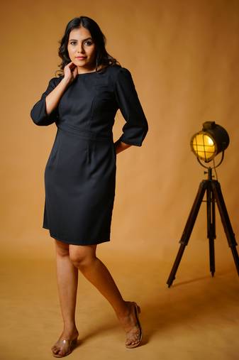 Black poly moss plain midi boat neck dress western