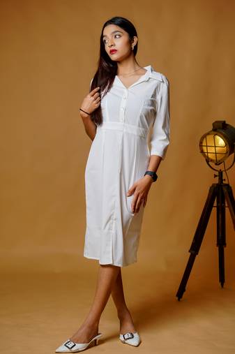 White crepe lycra plain fit and flare shirt dress western