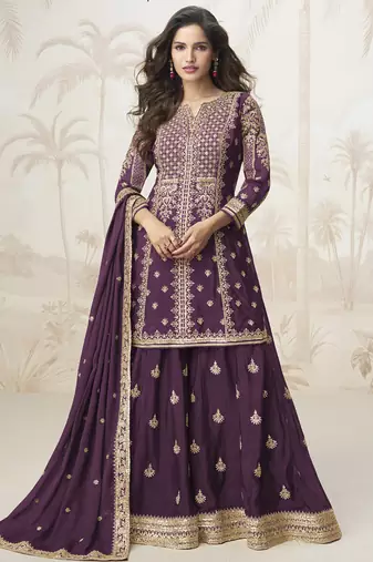 Wine chinon silk embroidered sharara suit