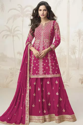 Pink chinon silk embroidered sharara suit