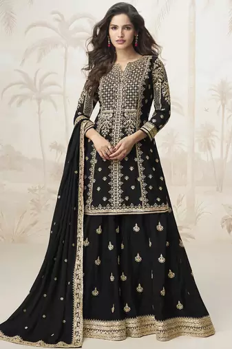 Black chinon silk embroidered sharara suit