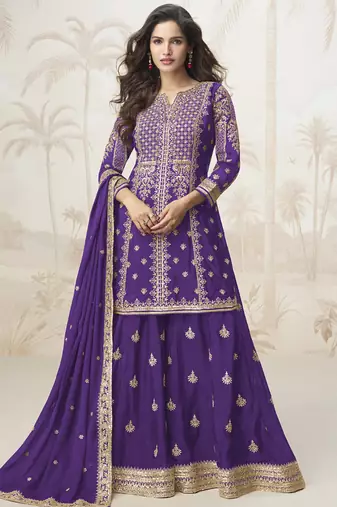 Violet chinon silk embroidered sharara suit