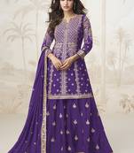 Violet chinon silk embroidered sharara suit