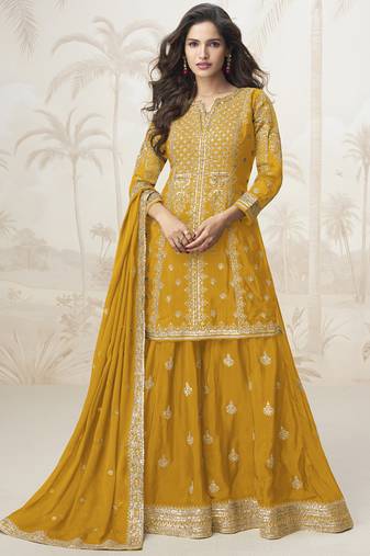 Yellow chinon silk embroidered sharara suit