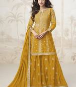 Yellow chinon silk embroidered sharara suit