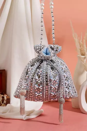 Celestia Mirror Embellished Potli Bag – Icy Blue Sparkle (9 x 8.5 in)