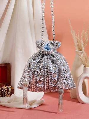 Celestia Mirror Embellished Potli Bag – Icy Blue Sparkle (9 x 8.5 in) 1