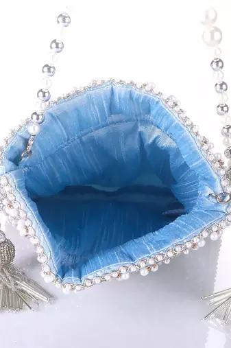 Celestia Mirror Embellished Potli Bag – Icy Blue Sparkle (9 x 8.5 in)