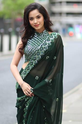 dark green sequin embroidered rangoli silk blend saree