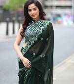 dark green sequin embroidered rangoli silk blend saree