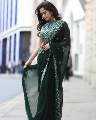 dark green sequin embroidered rangoli silk blend saree 2