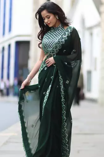 dark green sequin embroidered rangoli silk blend saree