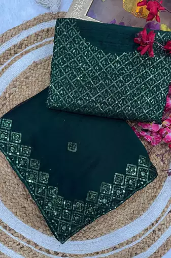dark green sequin embroidered rangoli silk blend saree