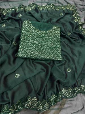 dark green sequin embroidered rangoli silk blend saree 5