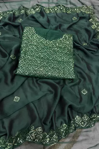 dark green sequin embroidered rangoli silk blend saree