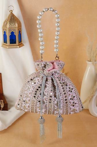 Roselia Mirror Embellished Potli Bag – Blush Pink Elegance (9 x 8.5 in)