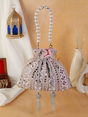 Roselia Mirror Embellished Potli Bag – Blush Pink Elegance (9 x 8.5 in) 1